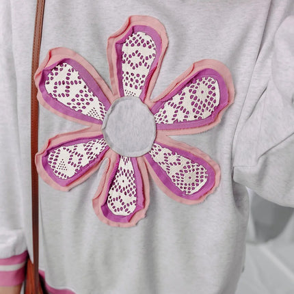 Gray Flower Patch Contrast Trim Crew Neck Sweatshirt