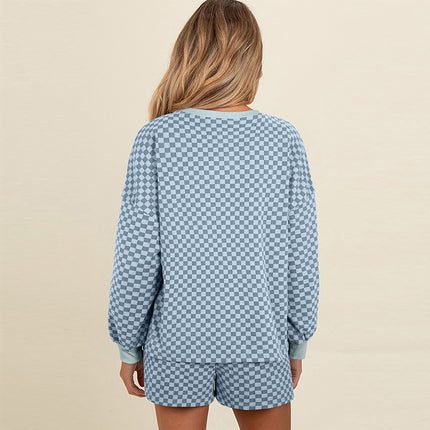 Drawstring Leisure Suit Women's Printed Checks Long Sleeve Two-piece Set