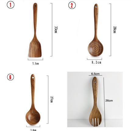 Thailand Teak Natural Wood Tableware Spoon Ladle Turner Long Rice Colander Soup Skimmer Cooking Spoons Scoop Kitchen Tool Set