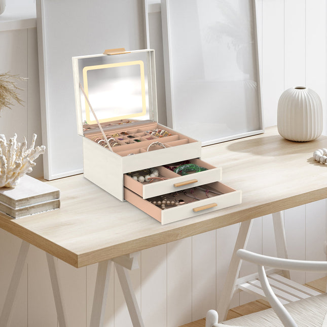 Jewelry Box With LED Mirror 3 Layer Jewelry Organizer With 2 Drawers PU Jewelry Holder With 3 Mirror Light Colors Dimmable For Earrings Rings Bracelets Necklaces