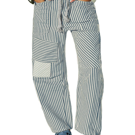 Fashion Commuter Casual Loose Wide Leg Striped Stitching Drawstring Pocket Trousers