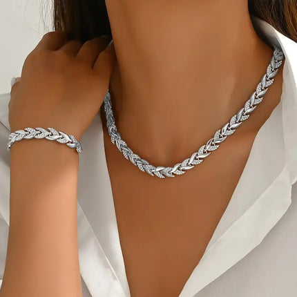 2PCS Glass Leaf Necklace Set Elegant Rhinestone Chain Necklace Bracelet For Women Fashion Luxury Jewelry Set