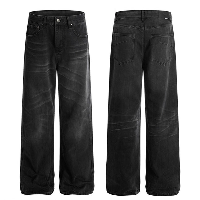 Retro Whisker-washed Distressed Straight-leg Denim Jeans