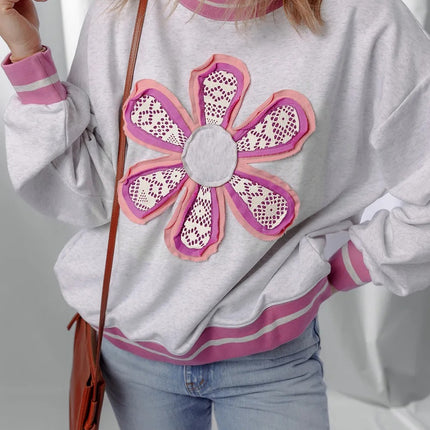 Gray Flower Patch Contrast Trim Crew Neck Sweatshirt