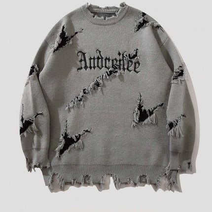 New Personality Street Jacquard Ripped Frayed Vintage Loose Sweater