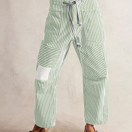 Fashion Commuter Casual Loose Wide Leg Striped Stitching Drawstring Pocket Trousers