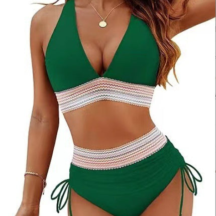 High Waisted Bikini Set With Color Blocking Drawstring Swimsuit