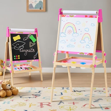 Children's Easel, Paper Rolls, Height-adjustable Wooden Double-sided Magnetic Blackboard And Whiteboard Art Station