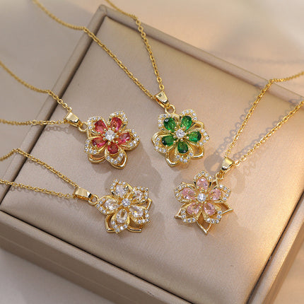 Rhinestones Flowers Necklace Fashion Unique Rotatable Necklace Women's Pendant Jewelry