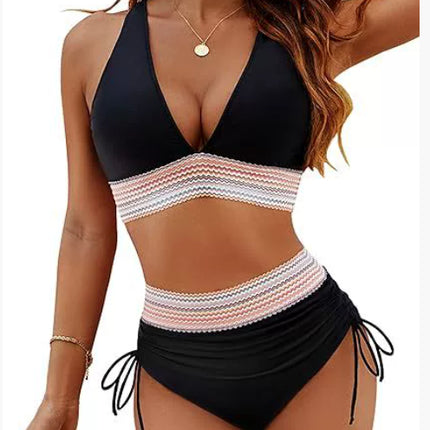 High Waisted Bikini Set With Color Blocking Drawstring Swimsuit
