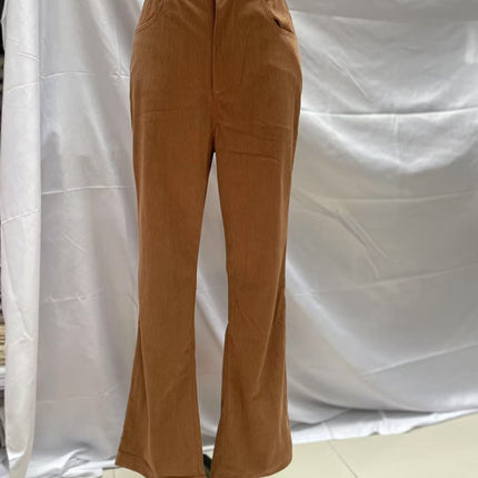 Solid Color Mid-waist Slim-fit Micro Flared Pants Corduroy