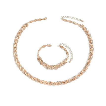 2PCS Glass Leaf Necklace Set Elegant Rhinestone Chain Necklace Bracelet For Women Fashion Luxury Jewelry Set