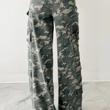 Green Camo Denim Cargo Wide Leg Pants