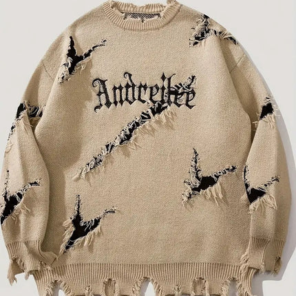 New Personality Street Jacquard Ripped Frayed Vintage Loose Sweater