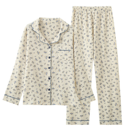 Thin Pure Cotton Double-layer Gauze Lapel Women's Pajamas And Leisure Wear Suit