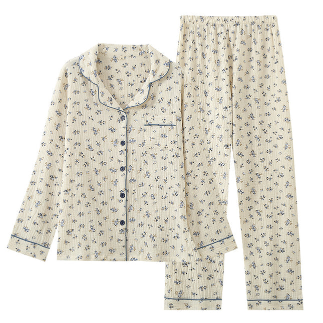 Thin Pure Cotton Double-layer Gauze Lapel Women's Pajamas And Leisure Wear Suit