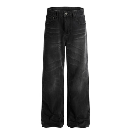 Retro Whisker-washed Distressed Straight-leg Denim Jeans