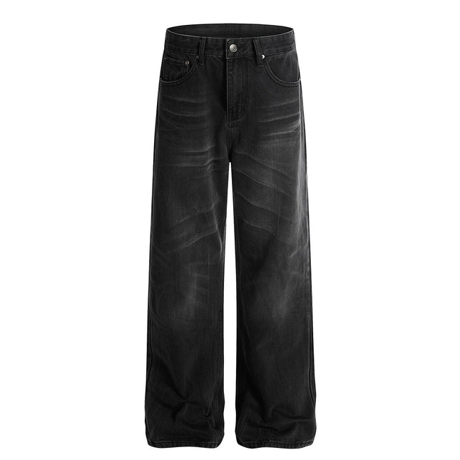 Retro Whisker-washed Distressed Straight-leg Denim Jeans