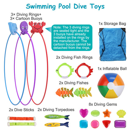 Set Of 24Pcs Diving Toys Swimming Pool Toys Swim Toys For Kids Above Aged 3 Years Old Swim Thru Rings Torpedoes Gems Volleyball Storage Bag