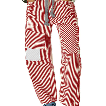 Fashion Commuter Casual Loose Wide Leg Striped Stitching Drawstring Pocket Trousers