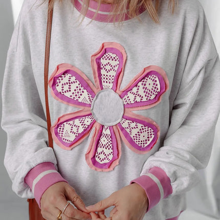 Gray Flower Patch Contrast Trim Crew Neck Sweatshirt