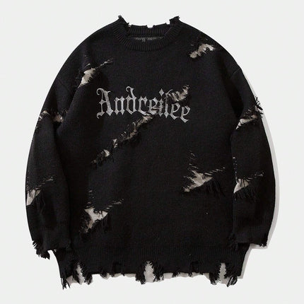 New Personality Street Jacquard Ripped Frayed Vintage Loose Sweater