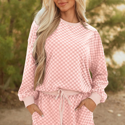 Drawstring Leisure Suit Women's Printed Checks Long Sleeve Two-piece Set