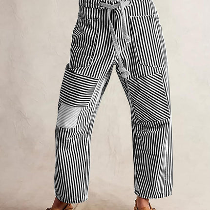 Fashion Commuter Casual Loose Wide Leg Striped Stitching Drawstring Pocket Trousers