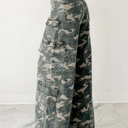 Green Camo Denim Cargo Wide Leg Pants