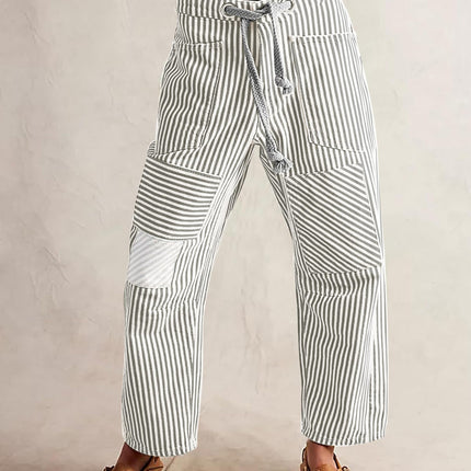 Fashion Commuter Casual Loose Wide Leg Striped Stitching Drawstring Pocket Trousers