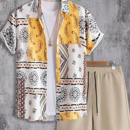 Lapel 3D Printed Casual Slim-fitting Type Short Sleeve Shirt Outfit
