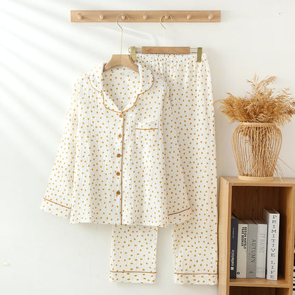 Thin Pure Cotton Double-layer Gauze Lapel Women's Pajamas And Leisure Wear Suit