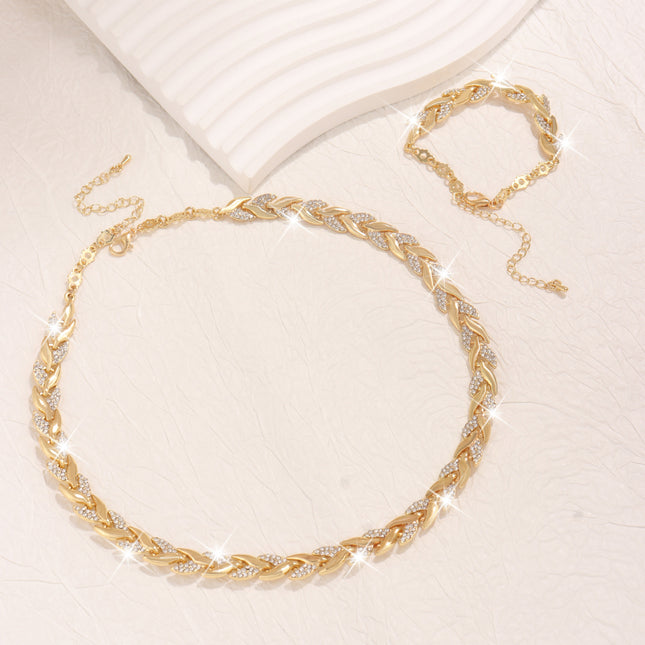 2PCS Glass Leaf Necklace Set Elegant Rhinestone Chain Necklace Bracelet For Women Fashion Luxury Jewelry Set
