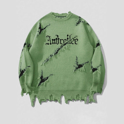 New Personality Street Jacquard Ripped Frayed Vintage Loose Sweater