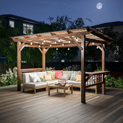 13' X 6.5' Wooden Pergola Grill Gazebo With Metal Roof & Bulbs & Bar Counters