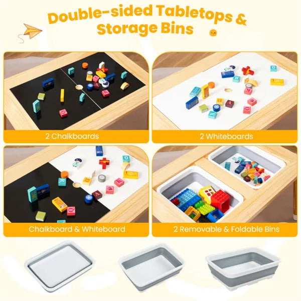 All-in-One Kids Activity Table And Chairs Set, Pine Wood Sensory Table With Foldable Storage Bins For Ages 3+