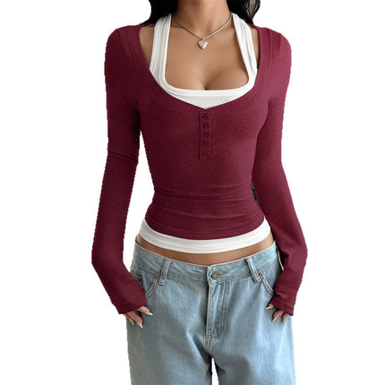 Women's Colorblock All-matching Fake Two-piece Suspender Long-sleeved T-shirt
