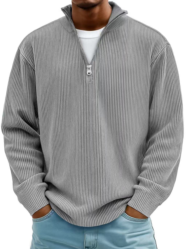 Corduroy Zipper Stand Collar Sweatshirt Fashion Warm Solid Color Long Sleeve Top Men's Casual Polo Shirt Clothing