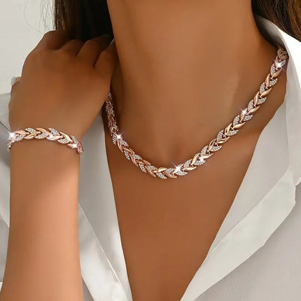 2PCS Glass Leaf Necklace Set Elegant Rhinestone Chain Necklace Bracelet For Women Fashion Luxury Jewelry Set