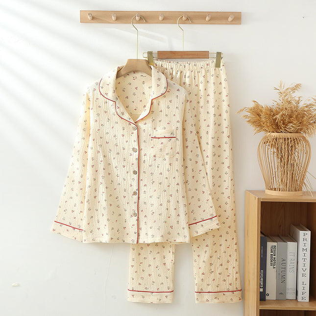 Thin Pure Cotton Double-layer Gauze Lapel Women's Pajamas And Leisure Wear Suit