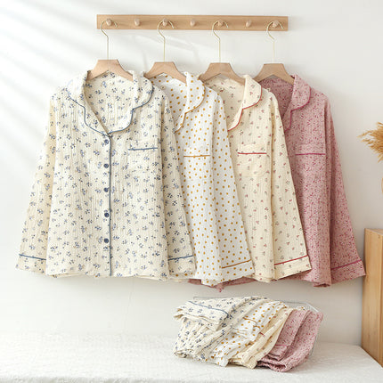Thin Pure Cotton Double-layer Gauze Lapel Women's Pajamas And Leisure Wear Suit