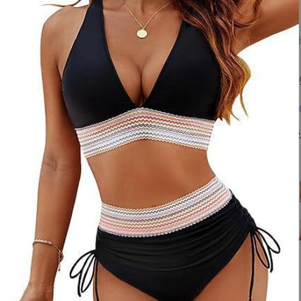 High Waisted Bikini Set With Color Blocking Drawstring Swimsuit