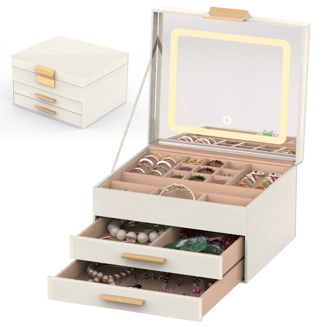 Jewelry Box With LED Mirror 3 Layer Jewelry Organizer With 2 Drawers PU Jewelry Holder With 3 Mirror Light Colors Dimmable For Earrings Rings Bracelets Necklaces