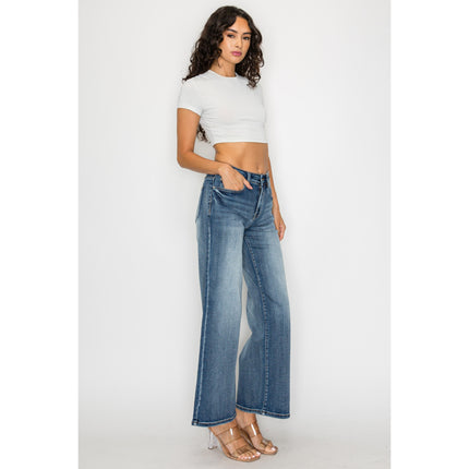 Dark Blue Plus Size High-Waisted Flare Pants Wide-Leg Trousers For Curvy Women