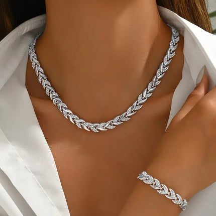 2PCS Glass Leaf Necklace Set Elegant Rhinestone Chain Necklace Bracelet For Women Fashion Luxury Jewelry Set