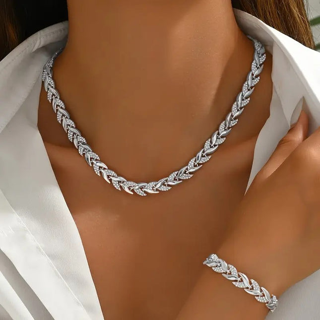 2PCS Glass Leaf Necklace Set Elegant Rhinestone Chain Necklace Bracelet For Women Fashion Luxury Jewelry Set